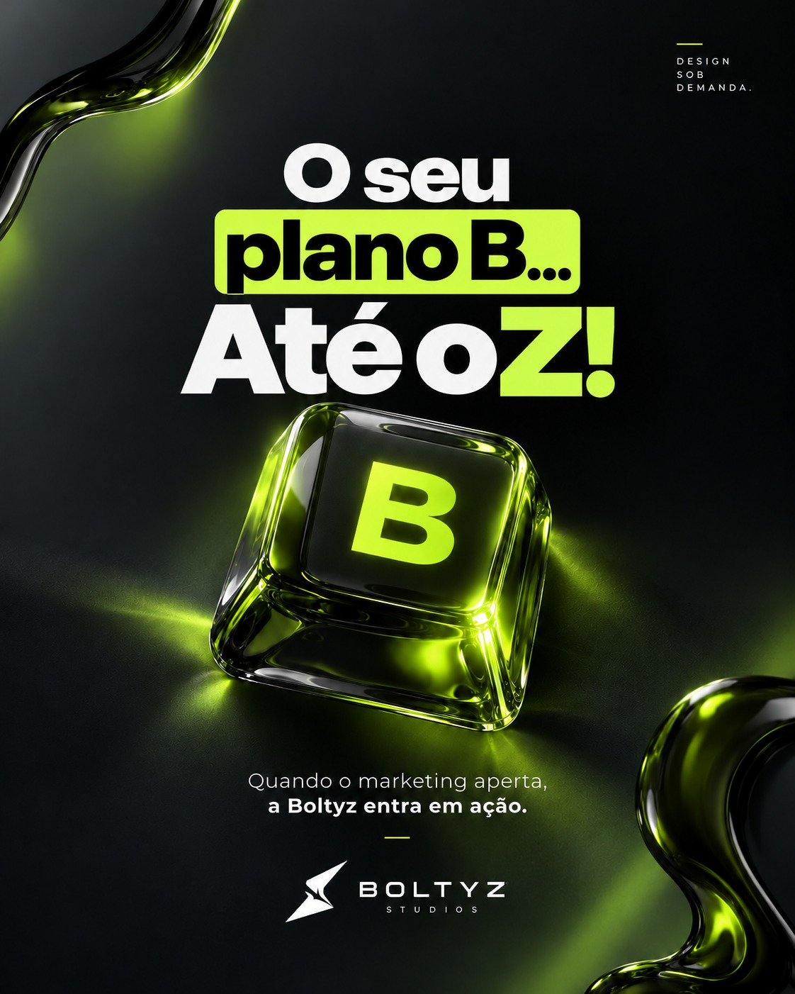 Referência enviada: campanha Boltyz em grafite com formas de vidro e reflexos verdes